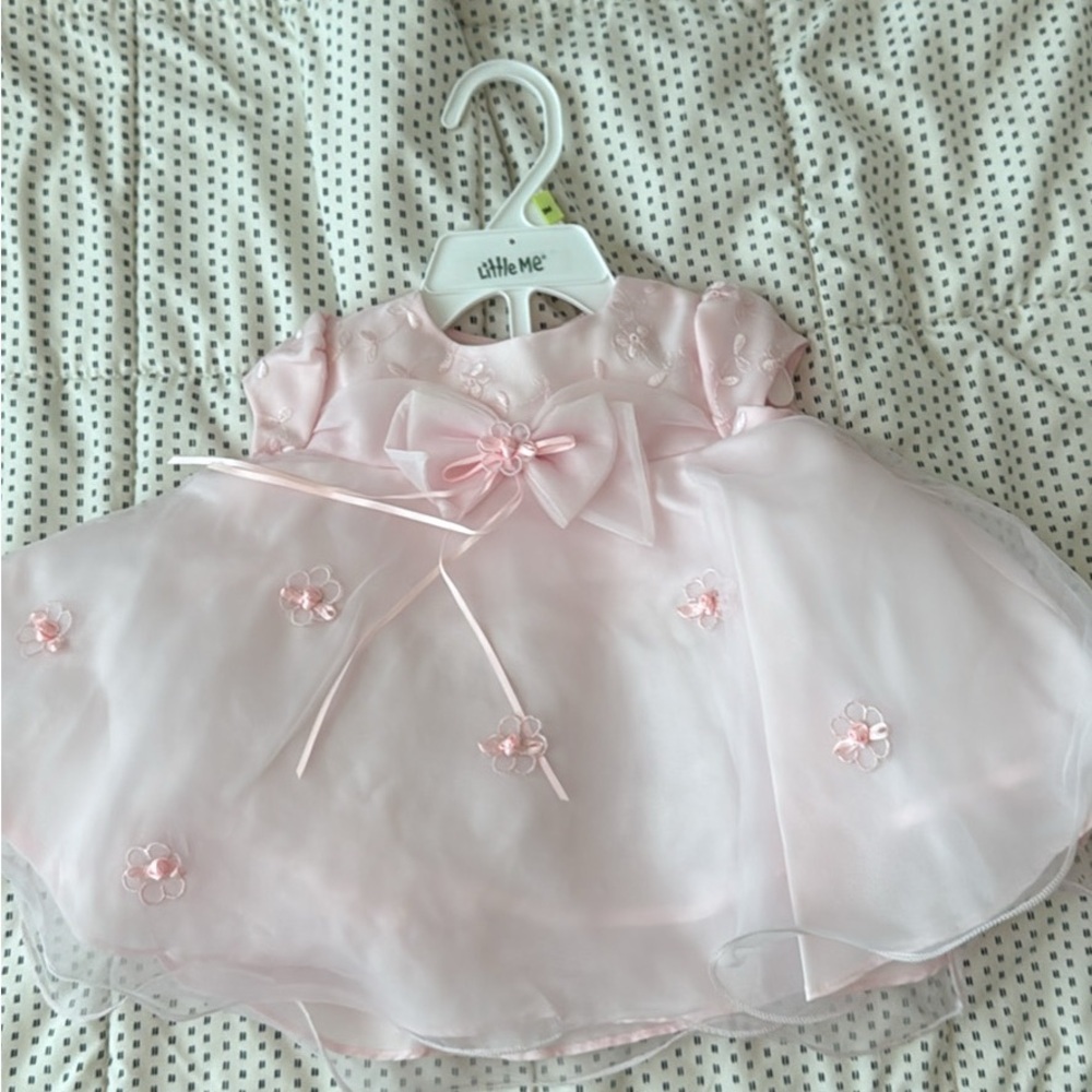 Pink Baby Dress with Bow and Floral Accents